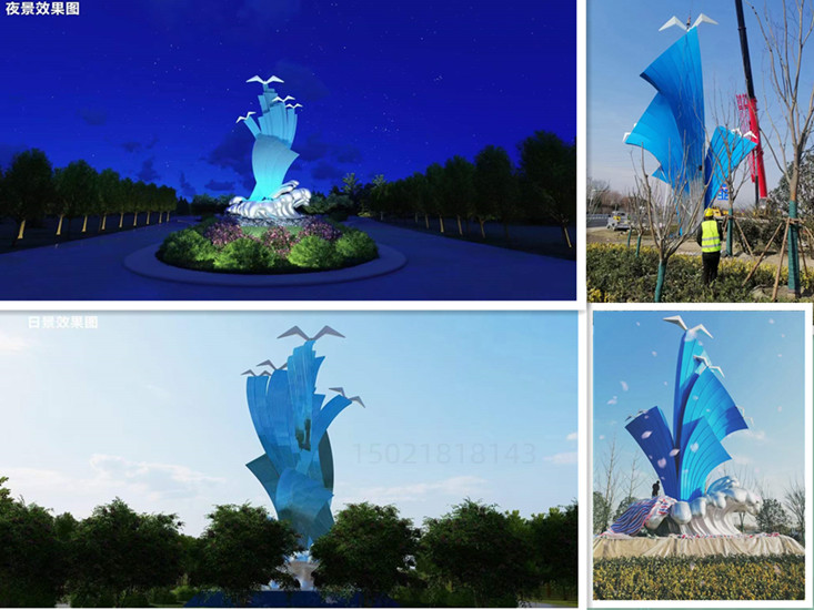 郑州城市标志夜景灯光雕塑 不锈钢浪尖上的海鸥雕塑定制